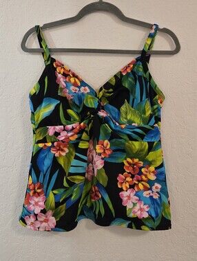 Miraclesuit Black Tropical Floral Tankini Top with Blue & Green Leaves